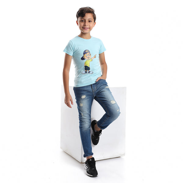 Printed Pattern Short Sleeves Boys T-Shirt - Light Blue