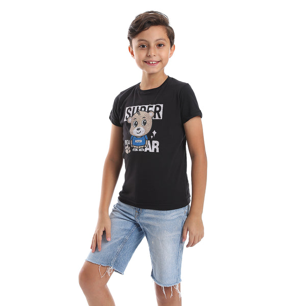 Printed Pattern Short Sleeves Boys T-Shirt - Black