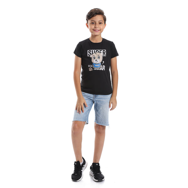 Printed Pattern Short Sleeves Boys T-Shirt - Black