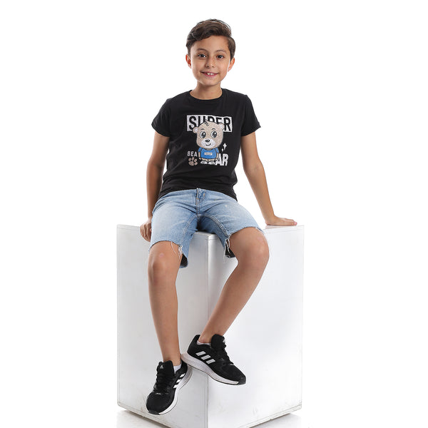 Printed Pattern Short Sleeves Boys T-Shirt - Black