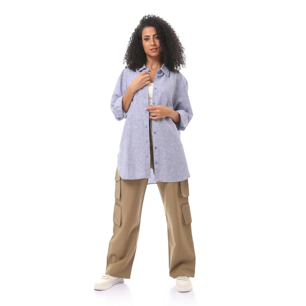 Blue Long Sleeve Buttoned Casual Blouse