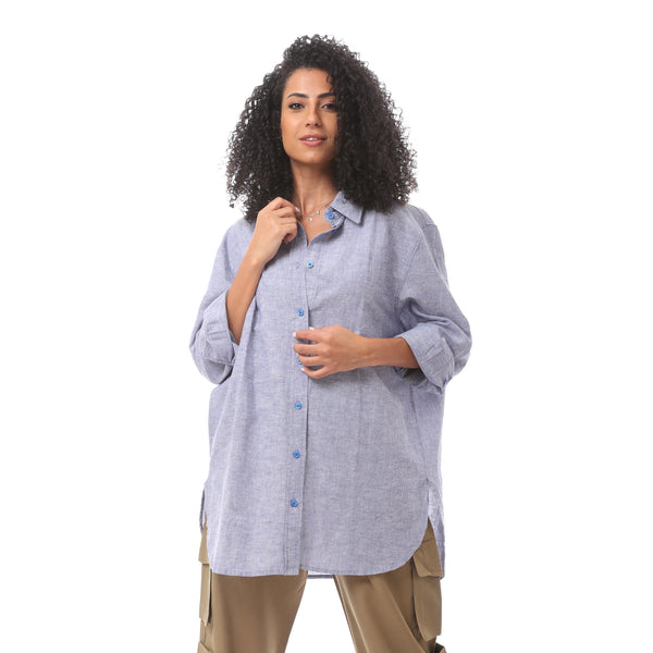 Blue Long Sleeve Buttoned Casual Blouse