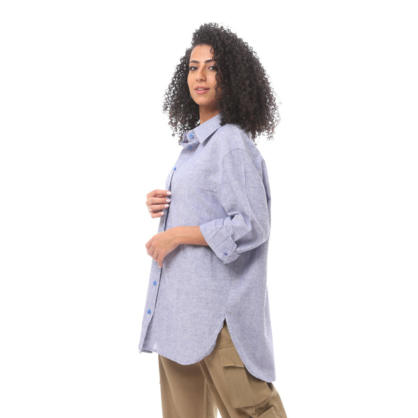Blue Long Sleeve Buttoned Casual Blouse