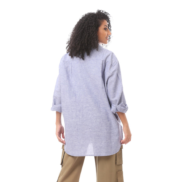 Blue Long Sleeve Buttoned Casual Blouse