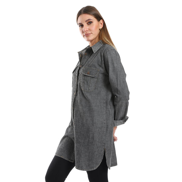 Denim Plain Greyish Black Button Down Shirt