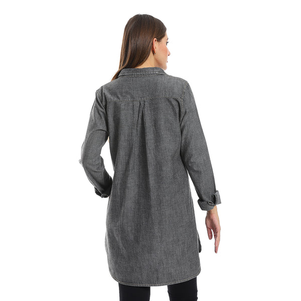 Denim Plain Greyish Black Button Down Shirt