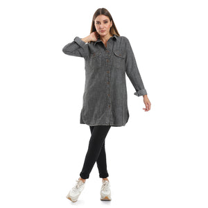 Denim Plain Greyish Black Button Down Shirt