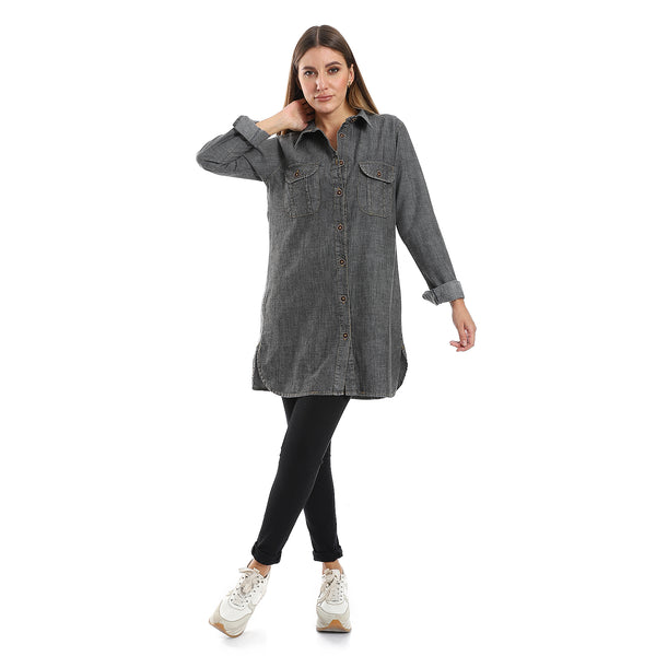 Denim Plain Greyish Black Button Down Shirt