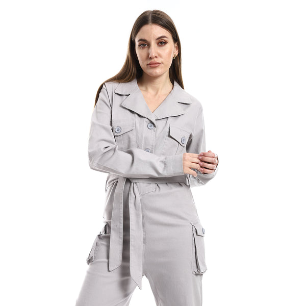 Notched Collar Buttoned Plain Women Jumpsuit - Light Grey