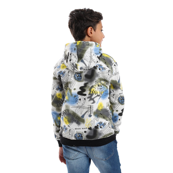 Self Pattern Long Sleeves Boys Hoodie - White, Grey & Blue