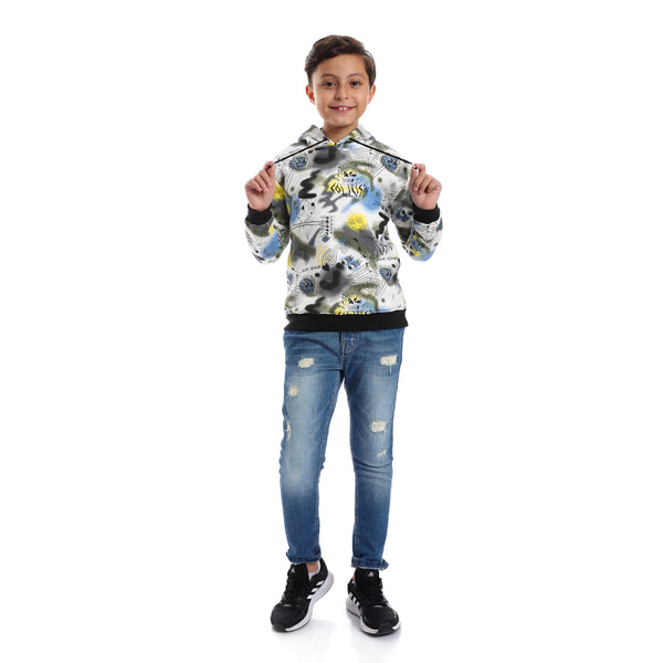 Self Pattern Long Sleeves Boys Hoodie - White, Grey & Blue