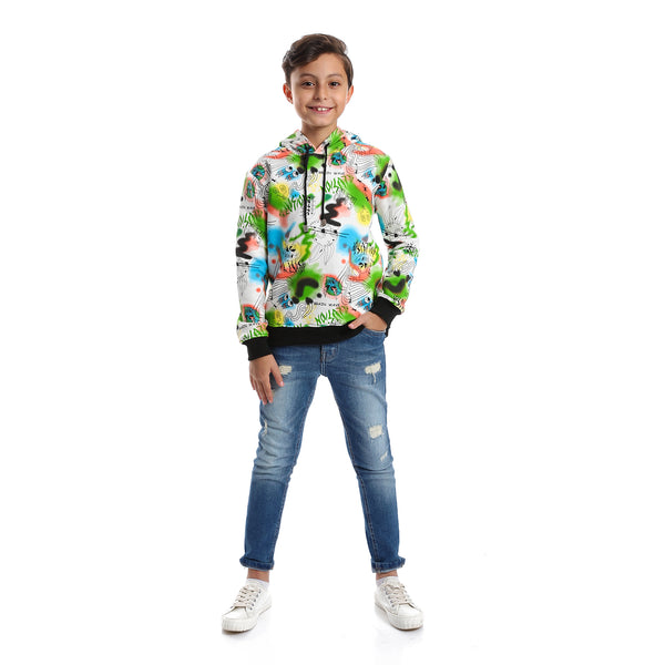 Self Pattern Long Sleeves Boys Hoodie - White, Lime Green & Turquoise