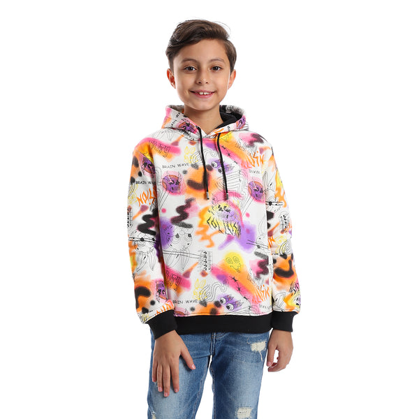 Self Pattern Long Sleeves Boys Hoodie - White, Orange & Fuchsia