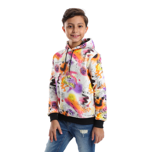 Self Pattern Long Sleeves Boys Hoodie - White, Orange & Fuchsia