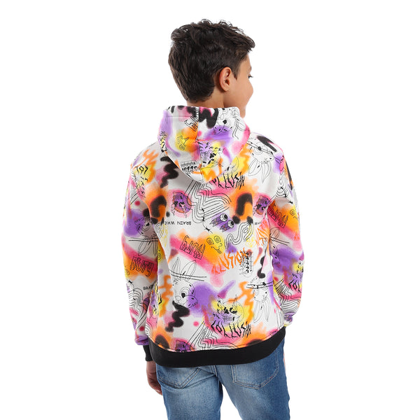 Self Pattern Long Sleeves Boys Hoodie - White, Orange & Fuchsia