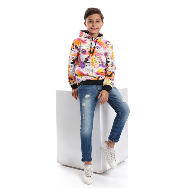 Self Pattern Long Sleeves Boys Hoodie - White, Orange & Fuchsia