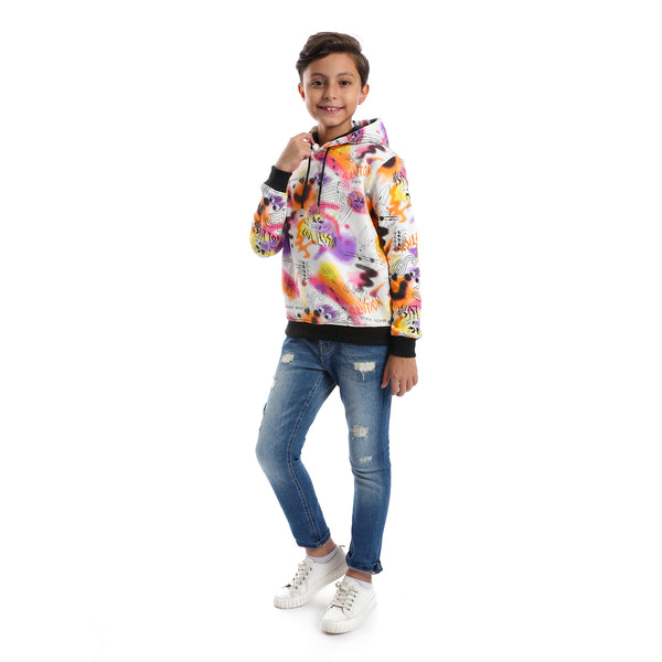 Self Pattern Long Sleeves Boys Hoodie - White, Orange & Fuchsia