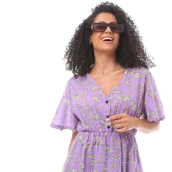 Elastic Waist Floral Summer Dress -Purple