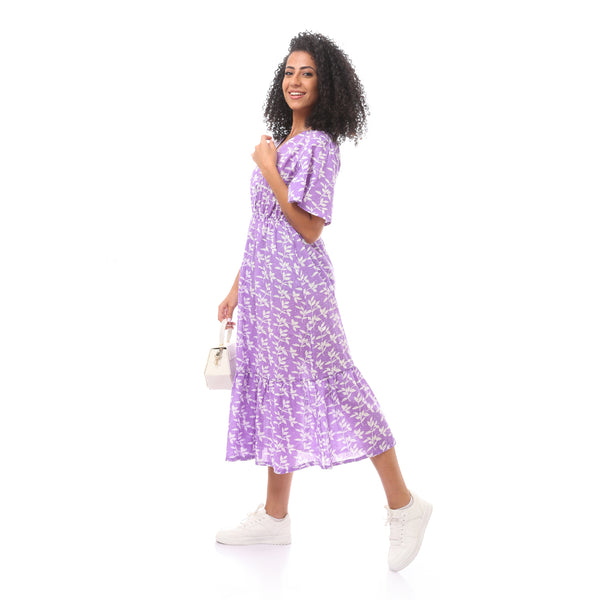 Short Sleeves Midi Dress with Floral Pattern -lavender