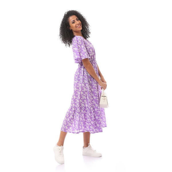 Short Sleeves Midi Dress with Floral Pattern -lavender