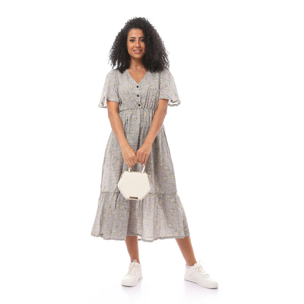 Short Sleeves Midi Dress with Floral Pattern_Grey
