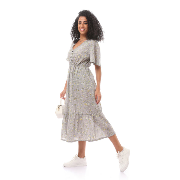 Short Sleeves Midi Dress with Floral Pattern_Grey