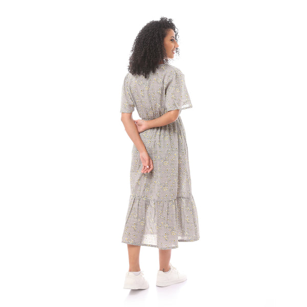 Short Sleeves Midi Dress with Floral Pattern_Grey