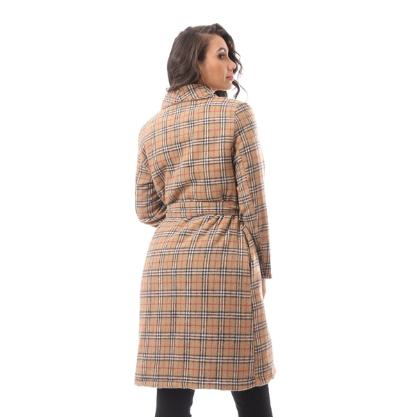 Beige Long Sleeve Patterned Winter Coat