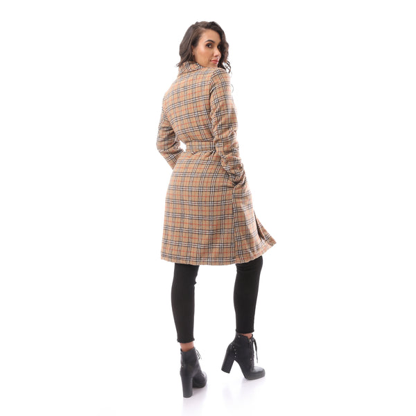 Beige Long Sleeve Patterned Winter Coat