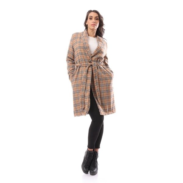Beige Long Sleeve Patterned Winter Coat
