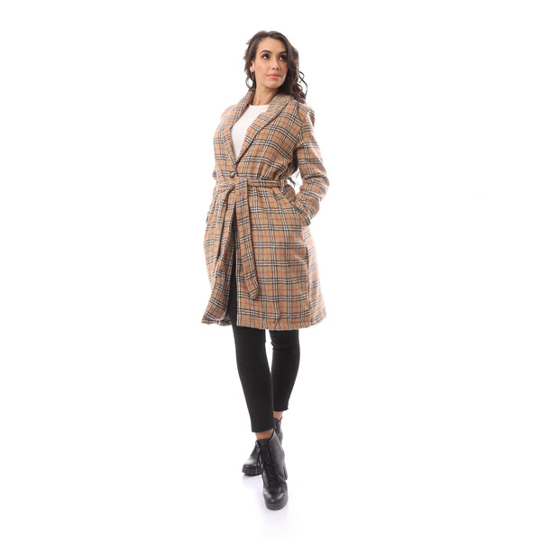 Beige Long Sleeve Patterned Winter Coat