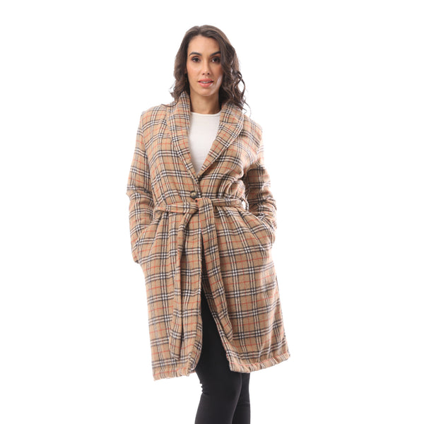 Beige Long Sleeve Patterned Winter Coat