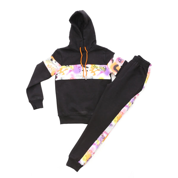 Multi-Pattern Hoodie Neck Boys Pajama - Black, White & Orange