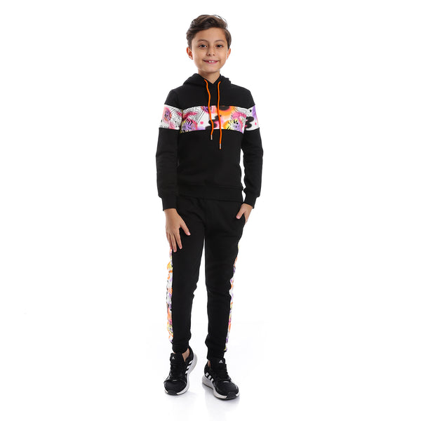 Multi-Pattern Hoodie Neck Boys Pajama - Black, White & Orange