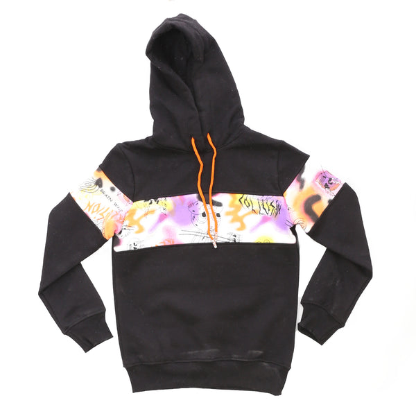 Multi-Pattern Hoodie Neck Boys Pajama - Black, White & Orange