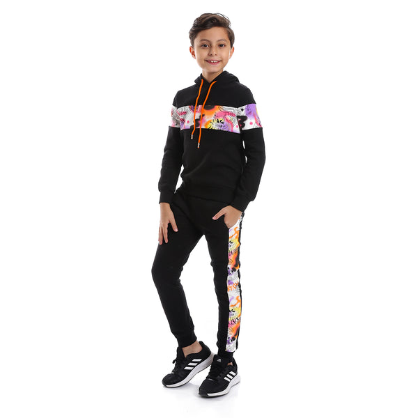 Multi-Pattern Hoodie Neck Boys Pajama - Black, White & Orange