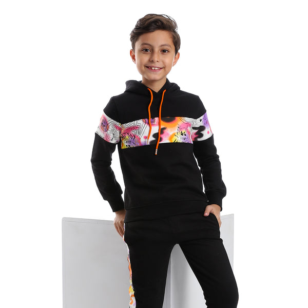 Multi-Pattern Hoodie Neck Boys Pajama - Black, White & Orange