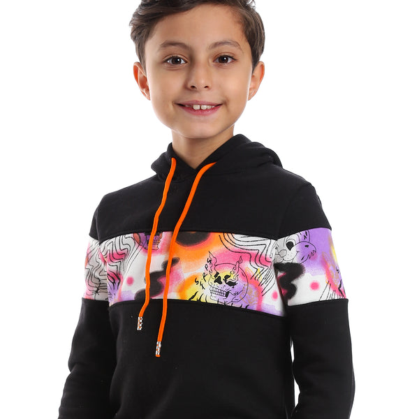 Multi-Pattern Hoodie Neck Boys Pajama - Black, White & Orange