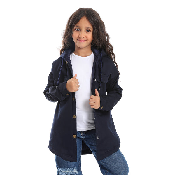 Press Button Closure Hoodie Neck Girls Jacket - Navy Blue