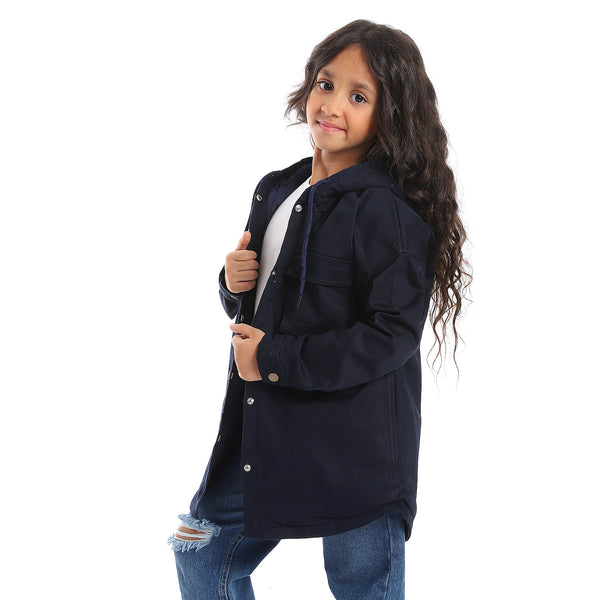 Press Button Closure Hoodie Neck Girls Jacket - Navy Blue