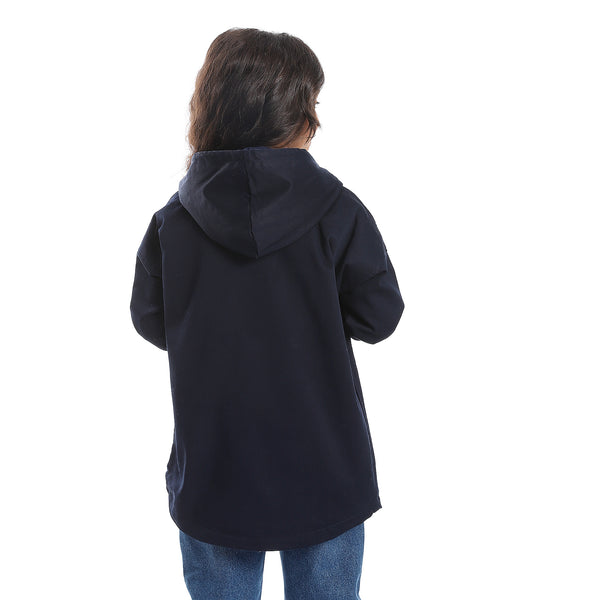 Press Button Closure Hoodie Neck Girls Jacket - Navy Blue