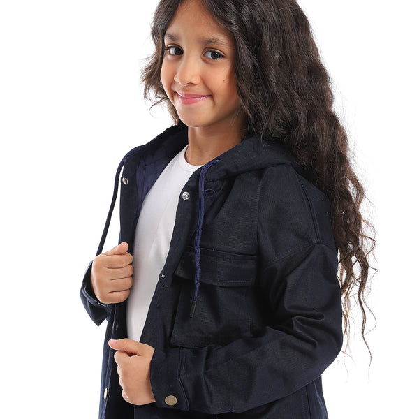 Press Button Closure Hoodie Neck Girls Jacket - Navy Blue