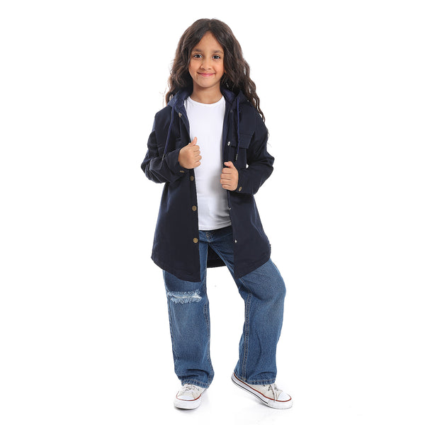 Press Button Closure Hoodie Neck Girls Jacket - Navy Blue