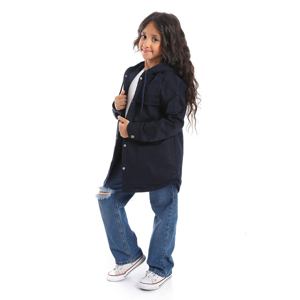 Press Button Closure Hoodie Neck Girls Jacket - Navy Blue