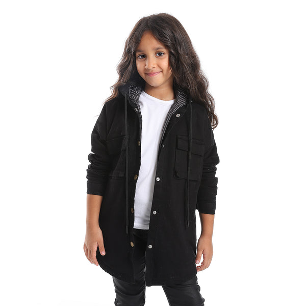 Press Button Closure Hoodie Neck Girls Jacket - Black