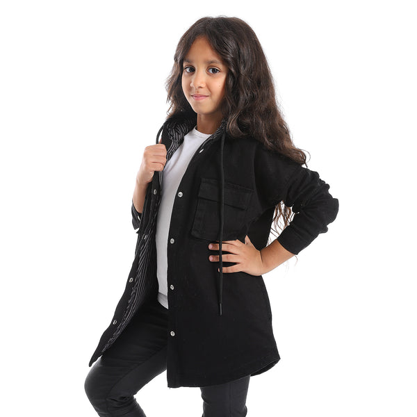 Press Button Closure Hoodie Neck Girls Jacket - Black