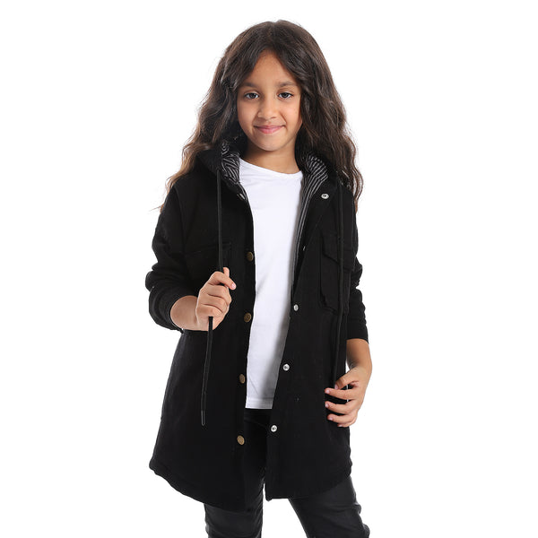 Press Button Closure Hoodie Neck Girls Jacket - Black