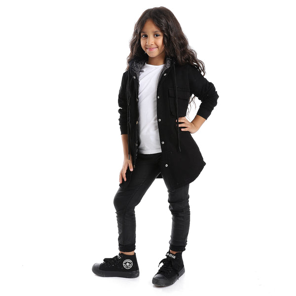 Press Button Closure Hoodie Neck Girls Jacket - Black