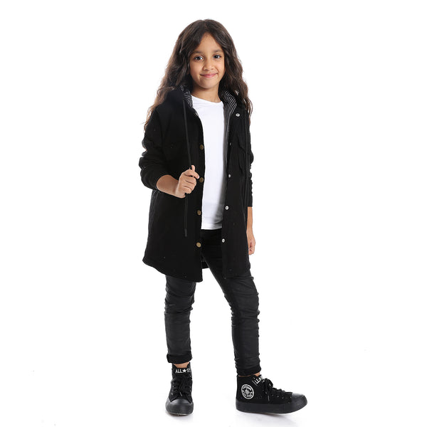 Press Button Closure Hoodie Neck Girls Jacket - Black