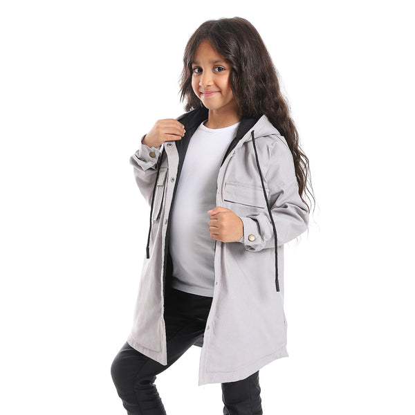 Press Button Closure Hoodie Neck Girls Jacket - Light Grey